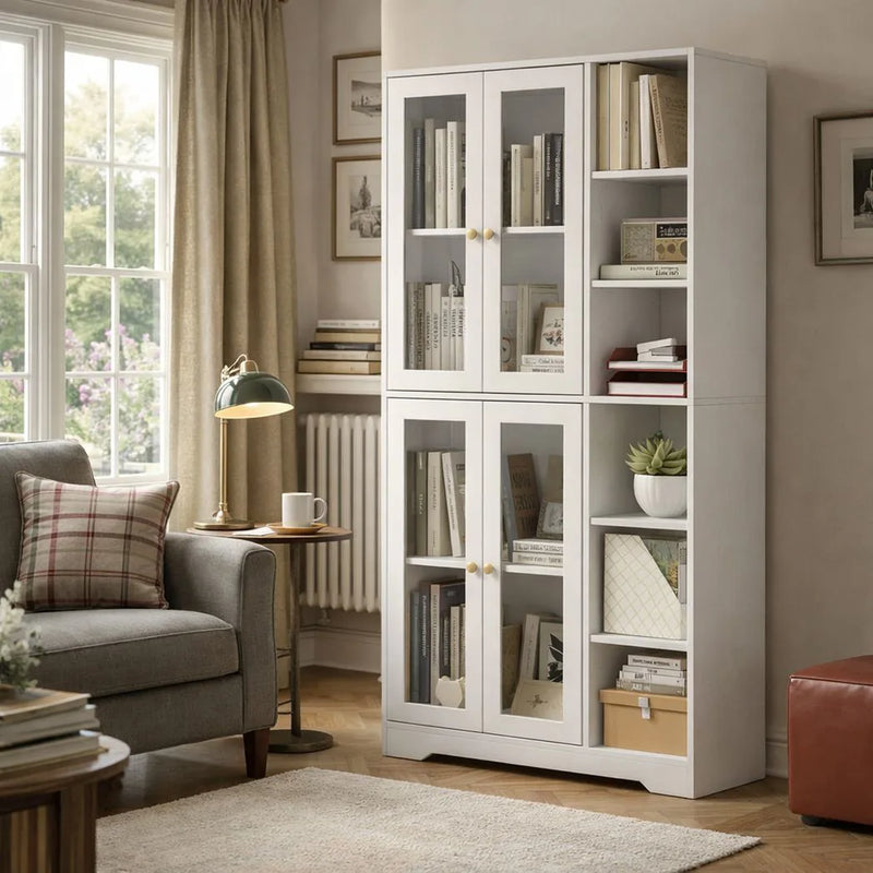 HOMCOM Multi-Storage Kitchen Cabinet, with Glass Doors - White Wood-Effect