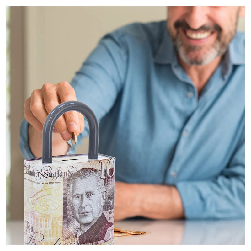 King Charles Pound Note Reusable Coin Money Tin Bo x Padlock Shape With Handle Assorted Designs Mth (Parcel Rate)