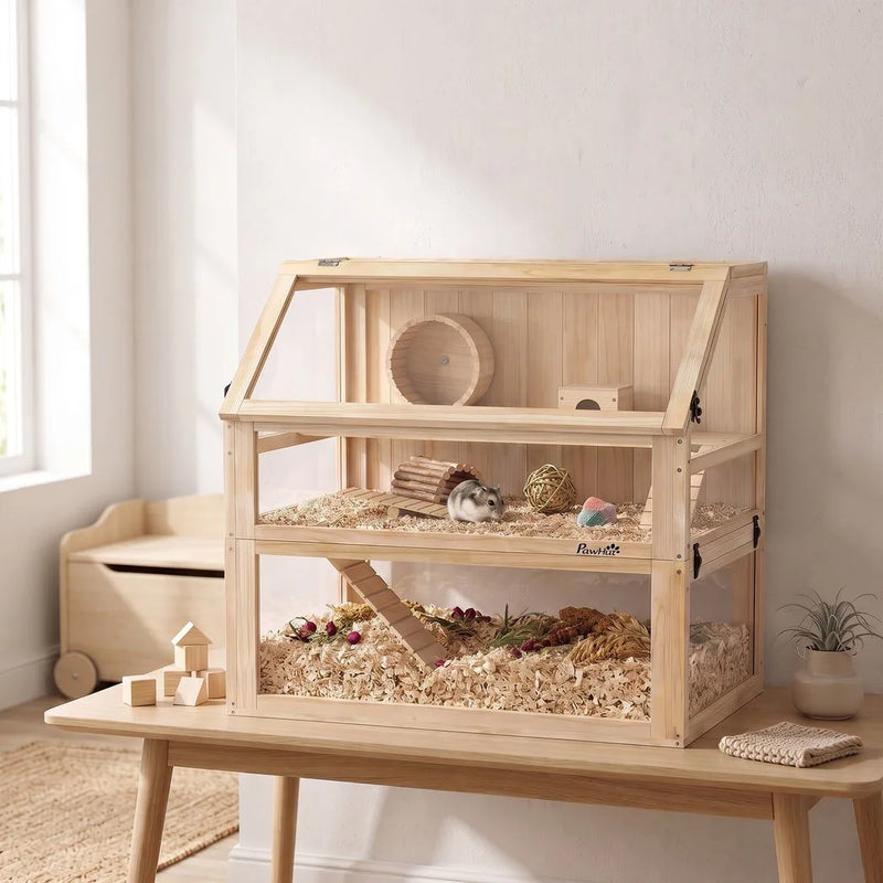 PawHut Wooden Hamster Cage with Detachable 31cm Deep Bottom, Hut, Seesaw, Exercise Wheel, Ramp, 80 x 50 x 76cm, Natural