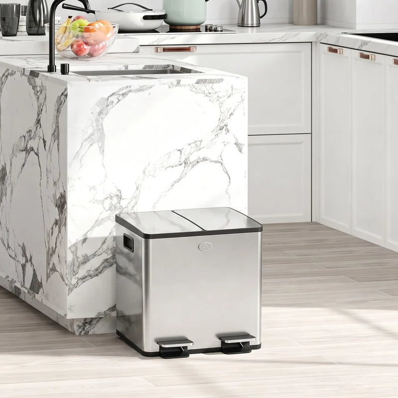 HOMCOM 30L Dual Compartment Stainless Steel Bin, with Deodoriser Holders - Silver Tone