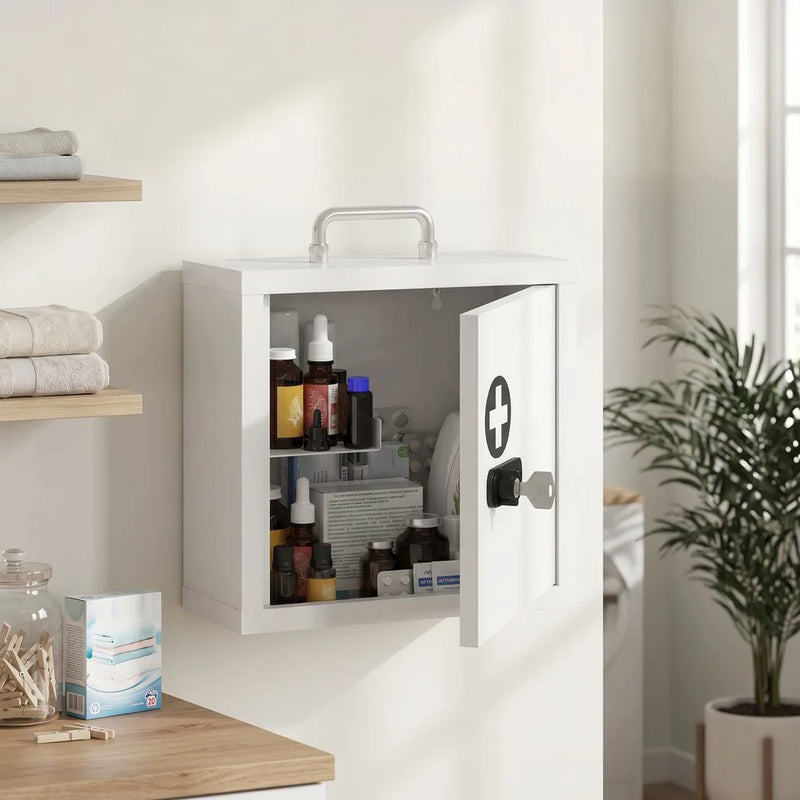 HOMCOM Wall Mount Medicine Cabinet with Combination and Key Lock, 2 Tier Stainless Steel First Aid Cabinet, White