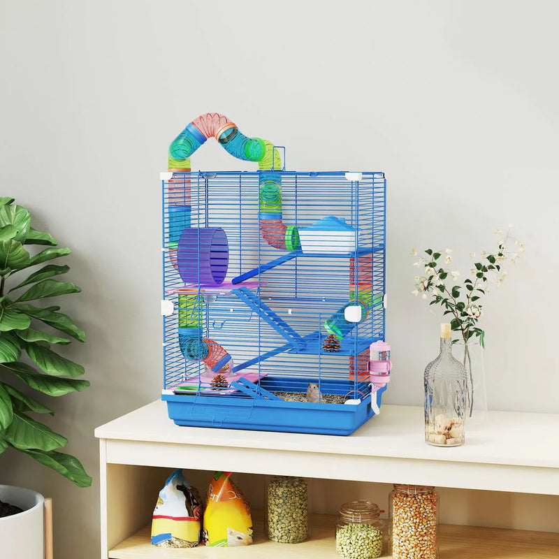 PawHut 5 Tier Hamster Cage Carrier Habitat w/ Exercise Wheels, Tunnel, Blue