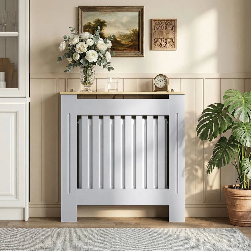 HOMCOM Heater Cover, Radiator Cover Slatted Painted MDF Lined Grill Grey, 78W x 19D x 81H cm