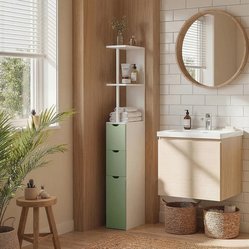 HOMCOM Slim Bathroom Storage Cabinet, Tall Bathroom Floor Cabinet with 2-Tier Shelf and 2 Drawers, White and Light Green