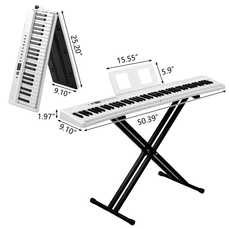 88 Key Folding Piano Semi-Weighted Standard Keyboards Digital Piano with Dual-tube X-Shape Stand， MIDI Bluetooth, Handbag，Headphone，for Piano Lover White color