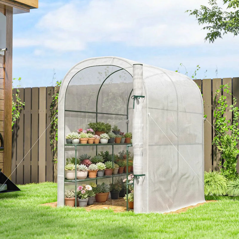Outsunny Walk-in Greenhouse with Shelves, Small Greenhouse with PE Cover and Roll-up Door, 123 x 187 x 189 cm, White