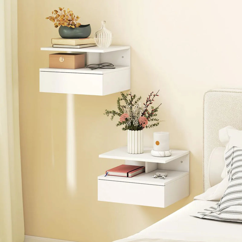HOMCOM Set of Two Floating Bedside Tables - White