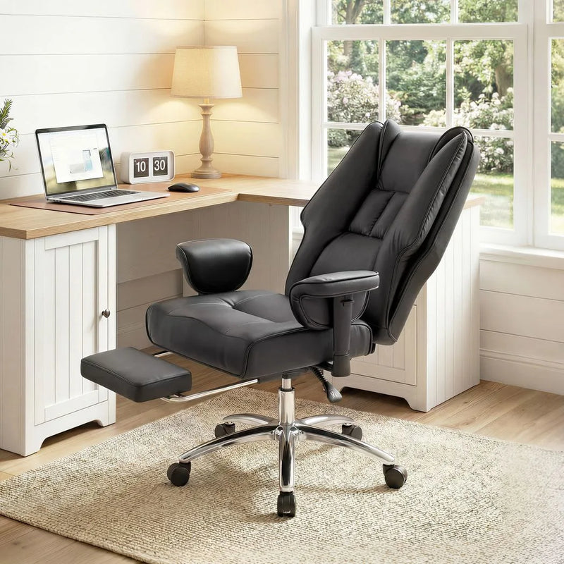 HOMCOM Executive Office Chair, Reclining Desk Chair with Footrest, Adjustable Armrests, Pet Friendly Faux Leather, Black