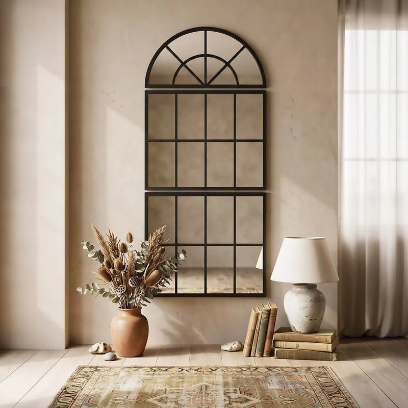 HOMCOM Large Arched Wall Mirror with Metal Grid, 3-Piece Split Window Mirrors, 120 x 54 cm, Black