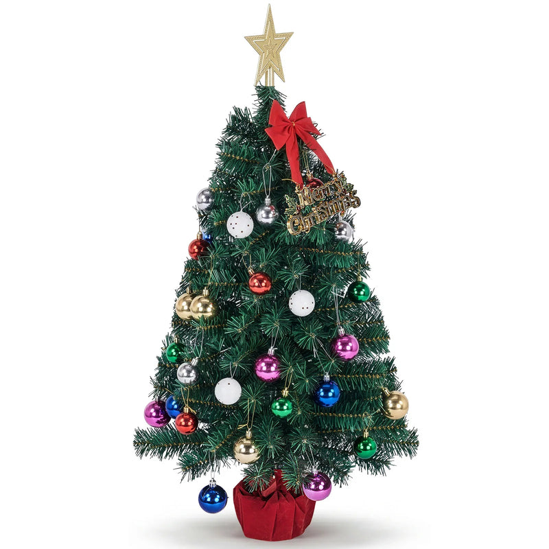3FT Pre-Lit Artificial Christmas Tree, Green PVC Mini Xmas Tree with 50 Warm White LED Lights (8 Modes), 120 Branch Tips, Tree Topper Star, Bow & Letter Sign Decorations, Red Cloth Wrapped Base, Battery Operated