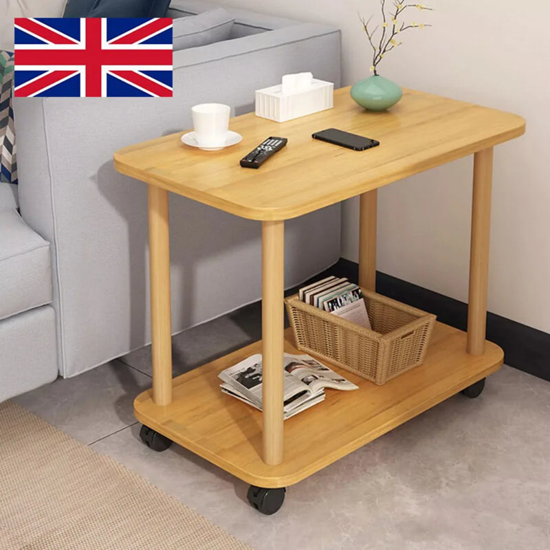 2 Tier Small Sofa Side Table Couch End Table Coffee Tea Snack Desk with Wheel