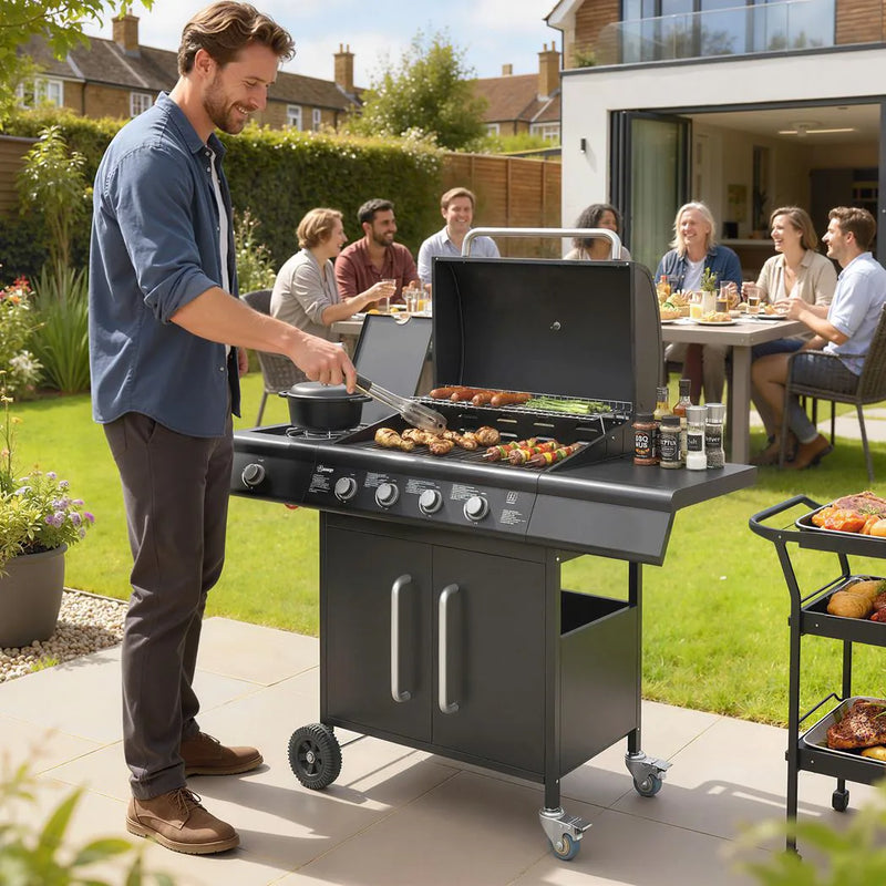 Outsunny 4 Burner Gas BBQ Grill with Storage Cabinet, 15.2 kW Gas Barbecue Trolley with Side Table, 4 Wheels, Warming Rack