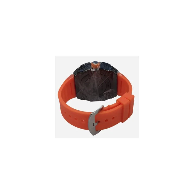 New Rubber Gents Black Bling Fashion Quartz Movement Skeleton Clear Dial Orange Rubber Strap Watch