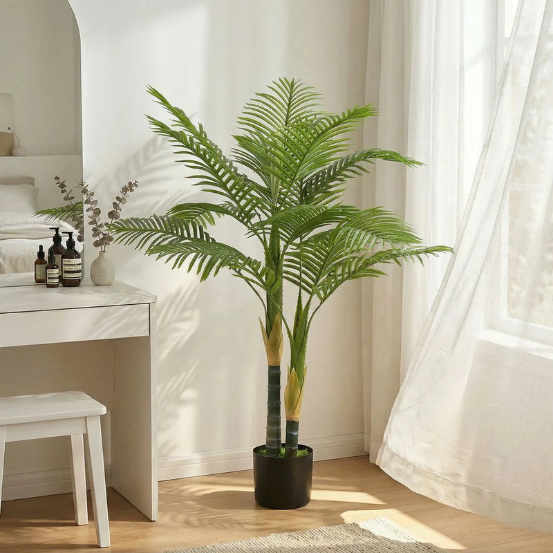 HOMCOM Artificial Palm Tree with 14 PEVA Leaves, 120cm Decorative Artificial Plant with Pot and Moss Effect, Green