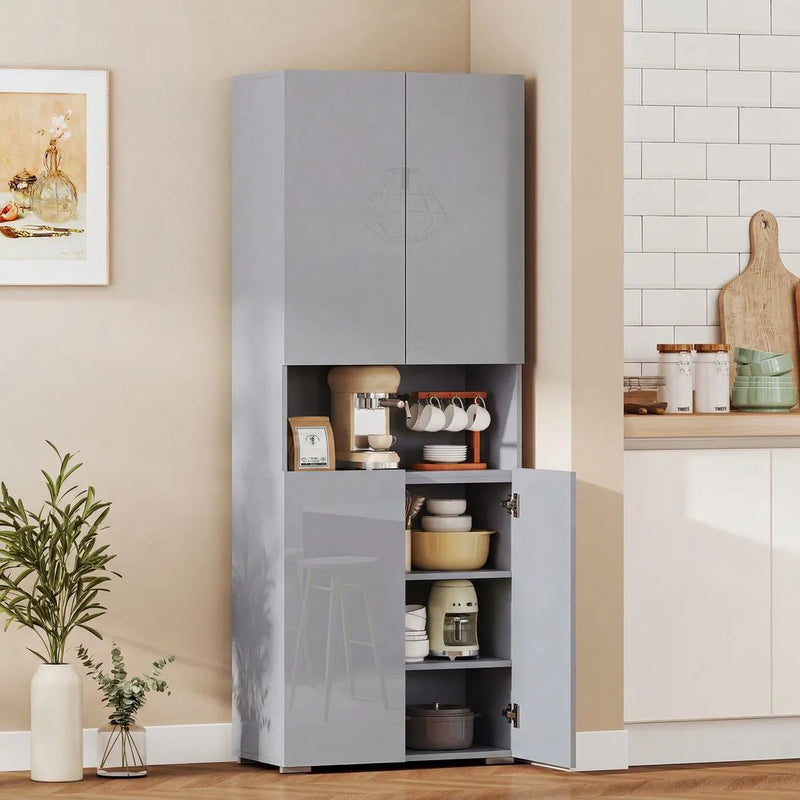 HOMCOM 180 cm Tall Kitchen Cupboard, Pantry Storage Cabinet with Soft Close Doors and Adjustable Shelves, High Gloss Grey