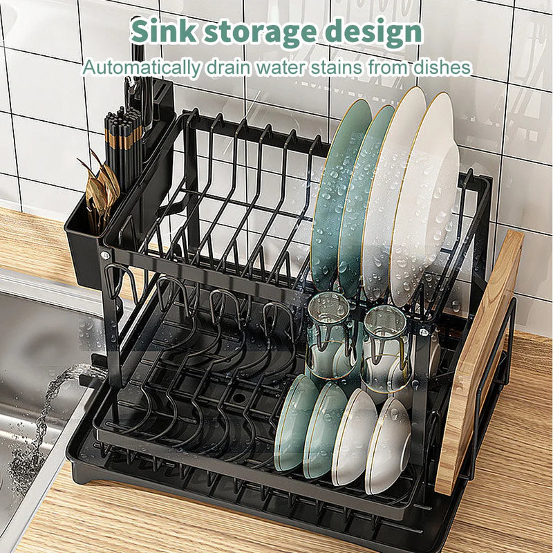 2 TIER KITCHEN SINK DISH DRAINER RACK WITH DRIP TRAY CUTLERY HOLDER PLATE RACK