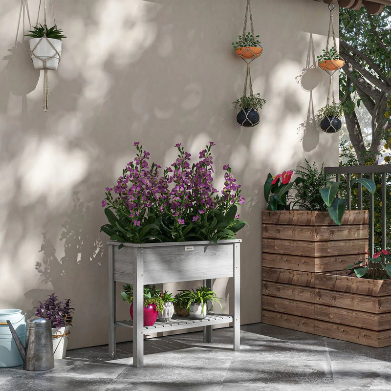Outsunny Wooden Raised Garden Bed, Elevated Planter Box with Storage Shelf and Drainage Holes, Raised Planter with Legs, Grey