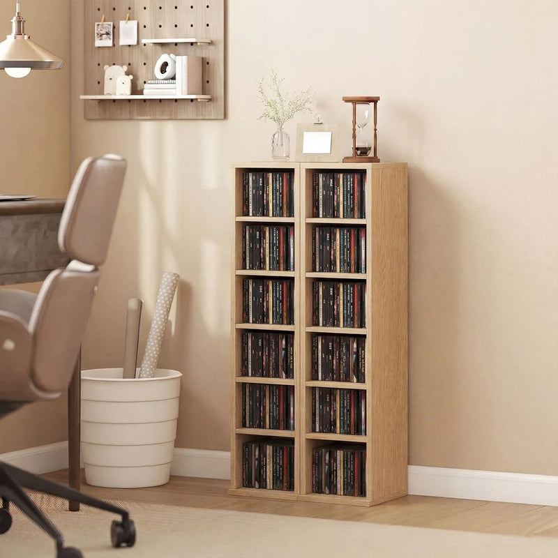 HOMCOM Set of 2 CD Media Display Shelf Unit Tower Rack with Adjustable Shelves, Natural