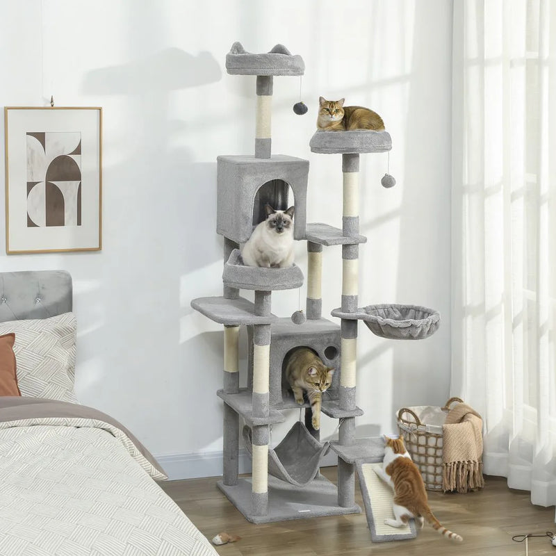 PawHut Cat Tree, 192 cm Large Multi-Level Cat Tower for Indoor Kittens with 8 Scratching Posts, 3 Plush Beds, 2 Hammocks