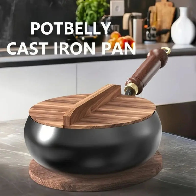 28CM Cast Iron Pot Cooking Wok Wooden Lid Handle Anti-Splatter Pan Soup Stock Pot