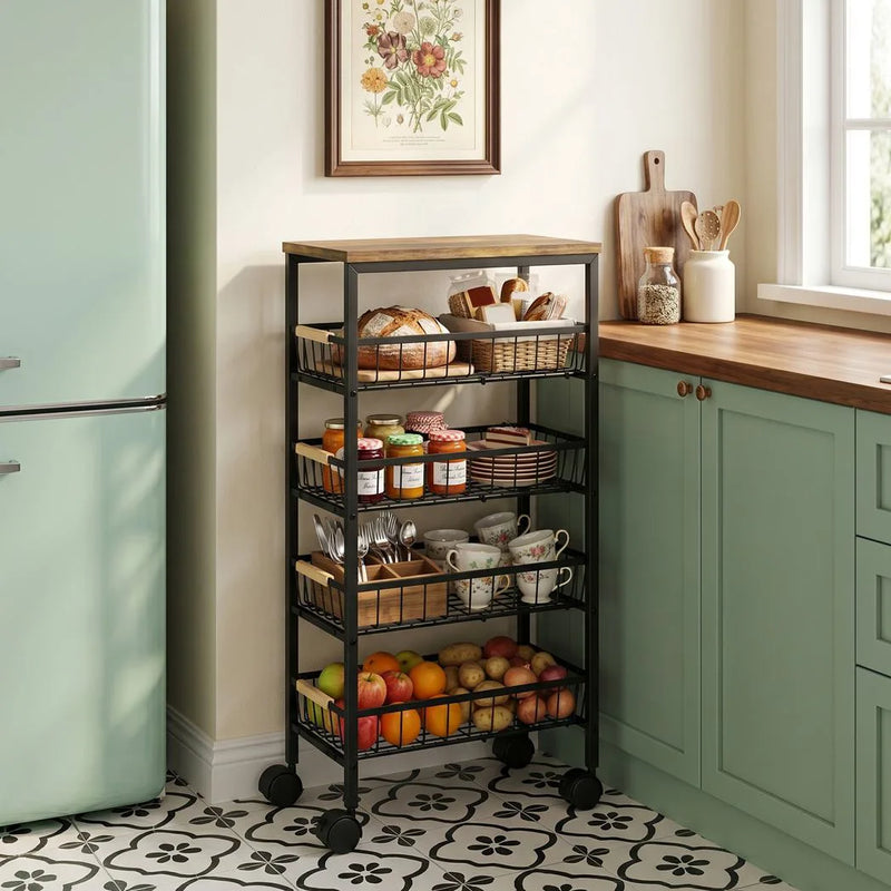 HOMCOM Metal Kitchen Trolley, 4-Tier Storage Trolley with Pull-Out Baskets and 4 Swivel Casters for Kitchen, Rustic Brown
