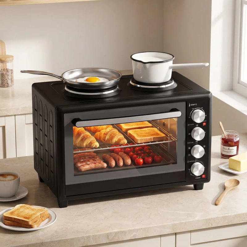 HOMCOM 46L Mini Oven with Dual Hot Plates, Electric Countertop Cooker with Convection, 90?230°C Adjustable Temperature