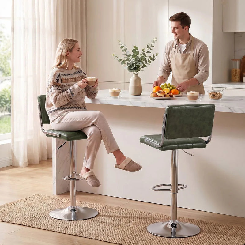 HOMCOM Bar Stools Modern PU Leather Adjustable Breakfast Bar Stools Backrest Set of 2 Green