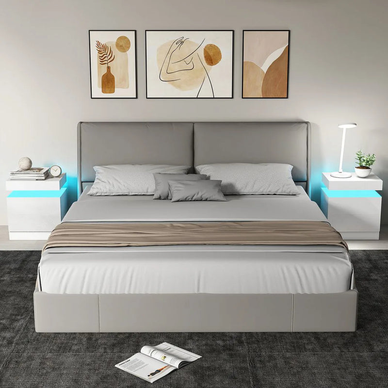 HOMCOM White Bedside Table with LED Light, High Gloss Front Nightstand with 2 Drawers, for Living Room, Bedroom, Set of 2