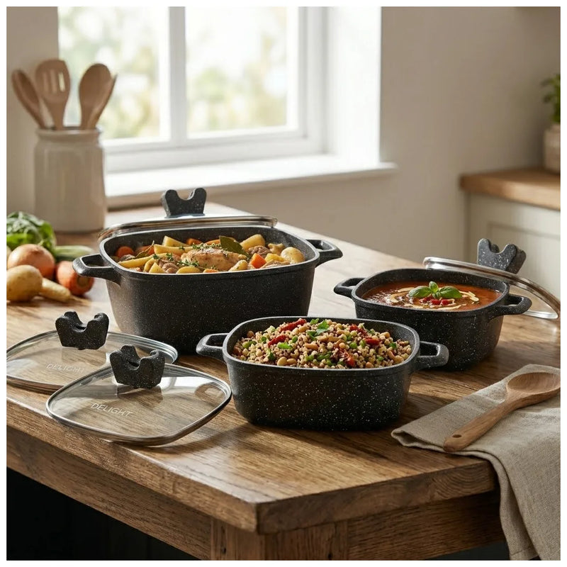 Die Cast Casserole Black 3 – Piece Set –, With Glass Lids