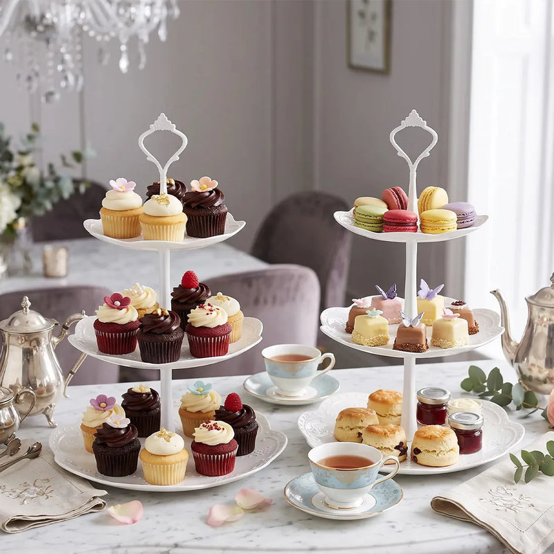 2PCS 3 Tier Cake Stand Afternoon Tea Wedding Plates Party Embossed Tableware-Cherry blossom