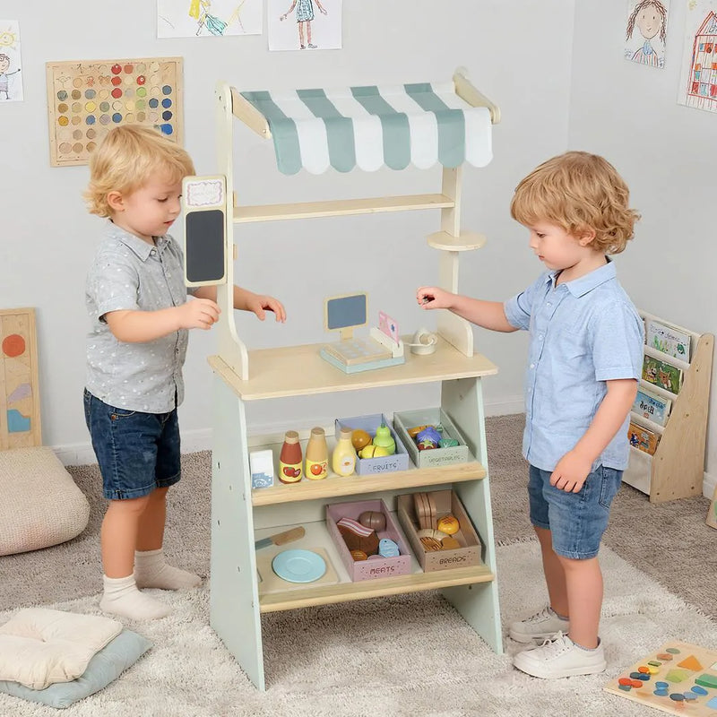 AIYAPLAY Wooden Toy Shop, Wooden Market Stall with Cash Register, Blackboard and Toy Food, 4 Storage Boxes, Ages 3, Green