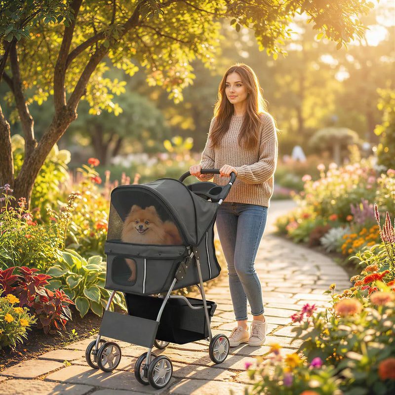 PawHut Dog Pram, Pet Stroller with Reflective Strips, Foldable Cat Stroller with 360° Swivel Wheels, Dark Grey