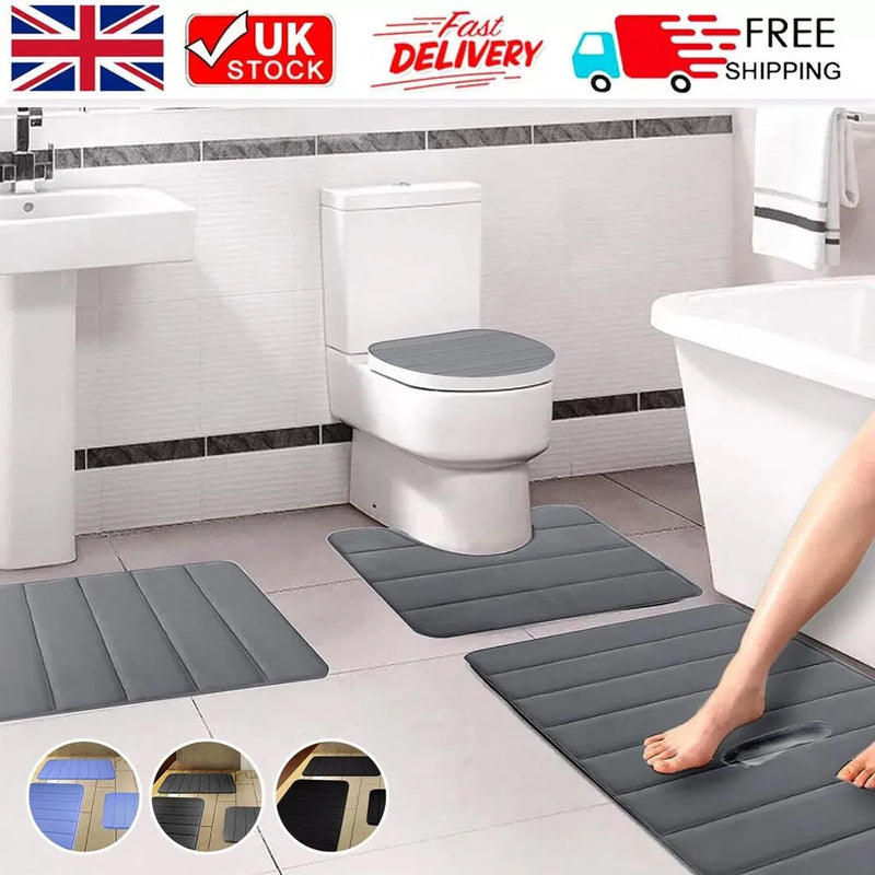 MEMORY FOAM BATH MAT PEDESTAL SET NON SLIP TOILET BATHROOM CONTOUR RUGS 3 PIECE-Black