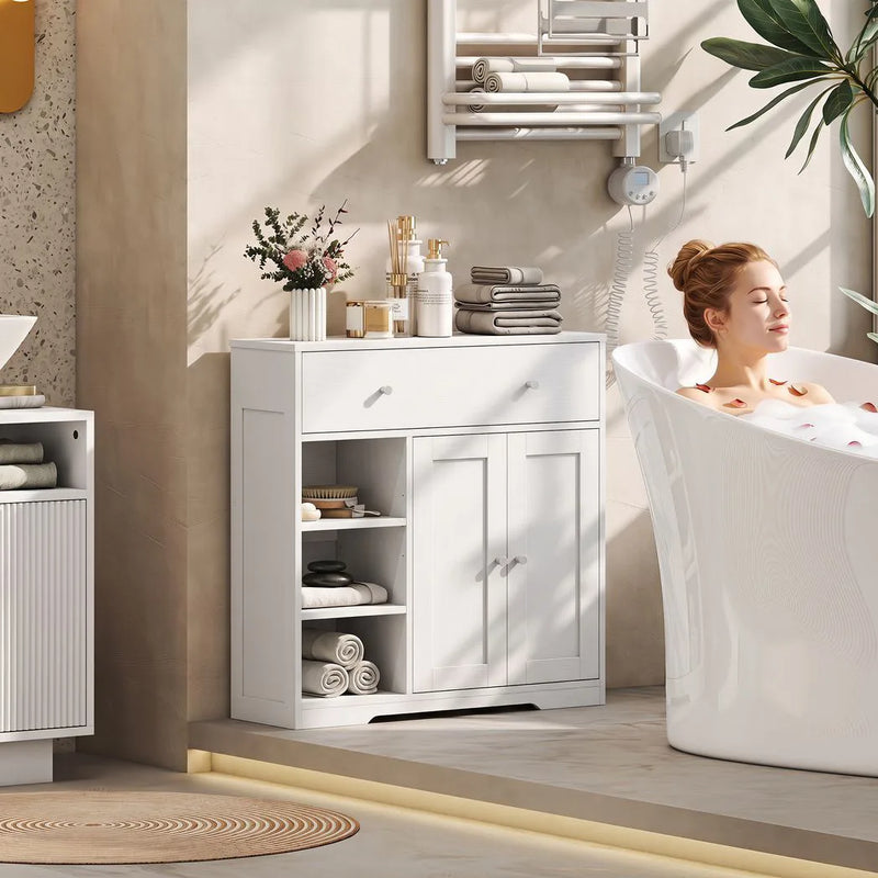 HOMCOM Bathroom Floor Cabinet, Freestanding Bathroom Cabinet with Drawer, Door, Open Shelves, White
