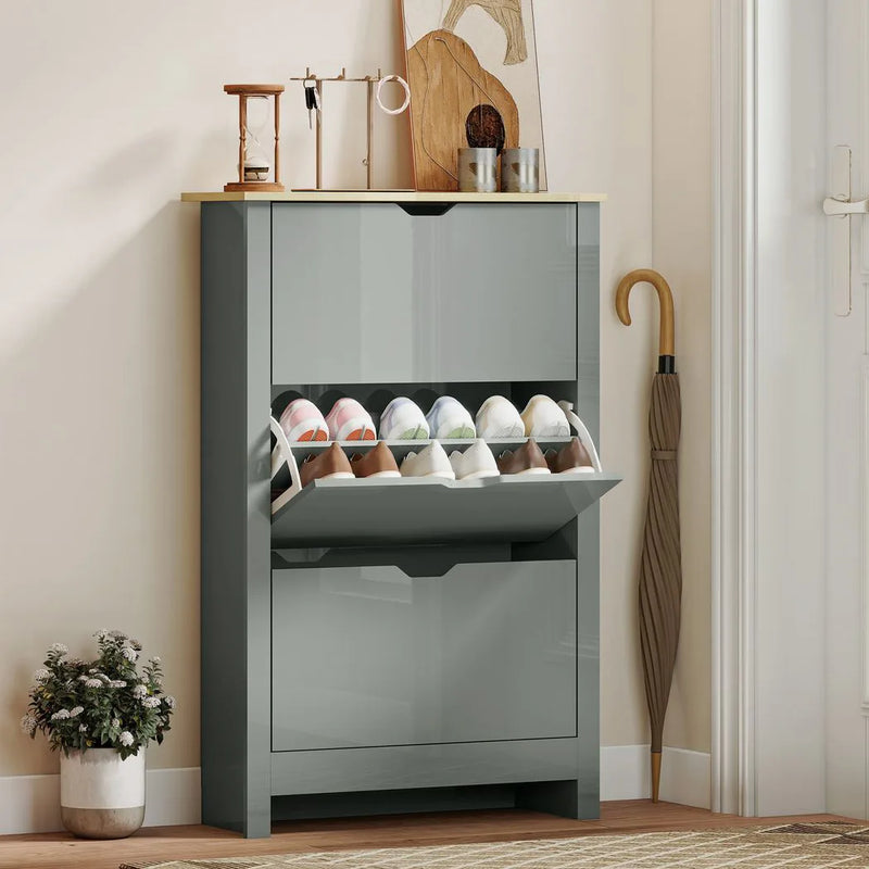 HOMCOM Slim Shoe Cabinet, Narrow Shoe Cupboard with 3 Flip Drawers, Adjustable Shelves for 18 Pairs of Shoes, Light Grey