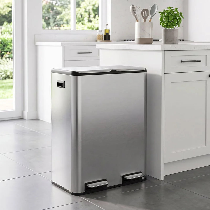 HOMCOM 2 x 30L Double Kitchen Bin, Stainless Steel Pedal Rubbish Bin with Dual Compartments, Soft Close Lids, Silver Tone