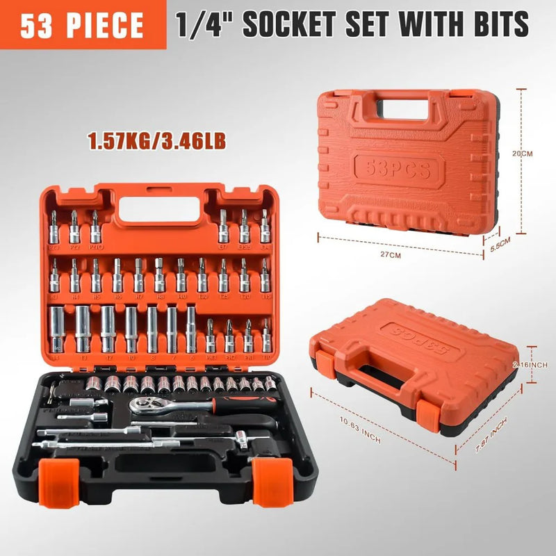 53 Pcs 1/4" Drive Socket Set&Tool Sets Ratchet Wrench Set with Bit Socket Set UK