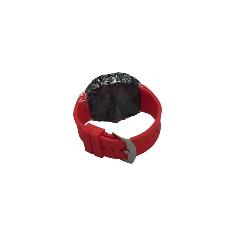 New Rubber Gents Black Bling Fashion Quartz Movement Skeleton Clear Dial Red Rubber Strap Watch
