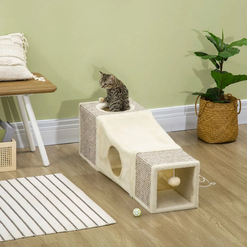 PawHut Cat Tunnel, Plush Large Play Tunnel with Two Caves and Hanging Ball, Cream White