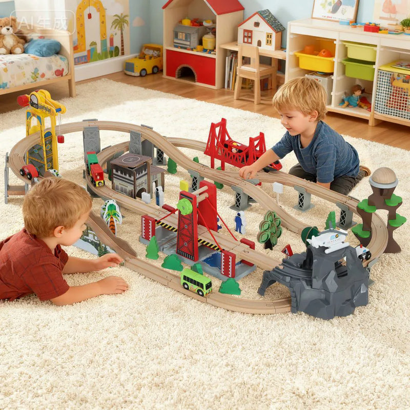 AIYAPLAY 100 Piece Wooden Train Set for Kids 3 Years with Track, Crane, Battery Operated Train