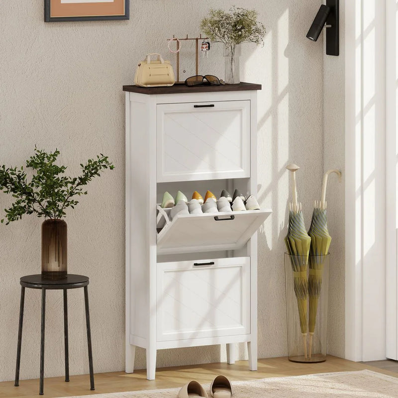 HOMCOM Shoe Cabinet with 3 Flip Drawers, Farmhouse Narrow Shoe Storage Cabinet with Adjustable Shelves, White