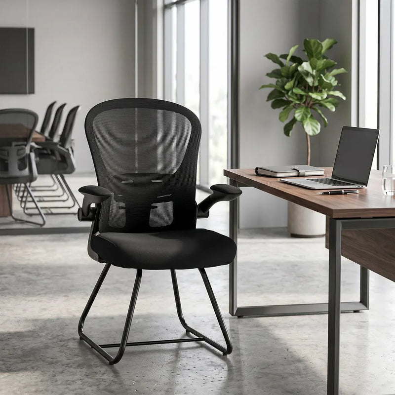HOMCOM Reception Chair, Conference Meeting Office Chair with Flip-up Armrest, Mesh Backrest, Lumbar Support and Metal Base