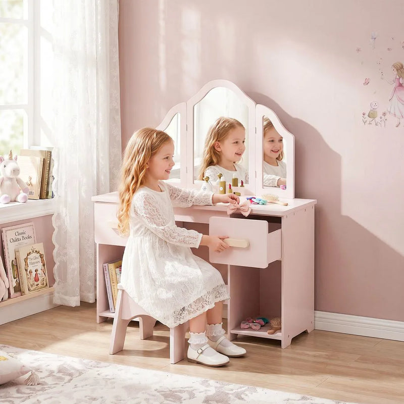 AIYAPLAY Kids Dressing Table, Kids Vanity Table and Chair Set with Tri-Folding Mirror, 2 Drawers, 2 Cabinets for Girls 3, Pink