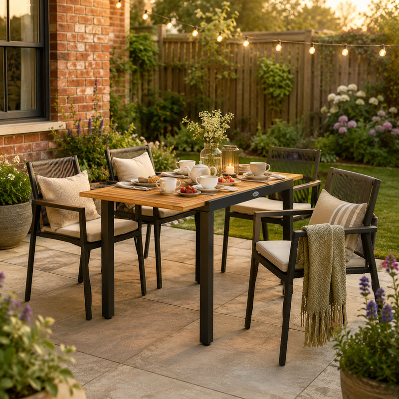 Outsunny Patio Dining Table Expandable Outdoor Dining Table Acacia Wood Top 80-120 cm Natural and Black