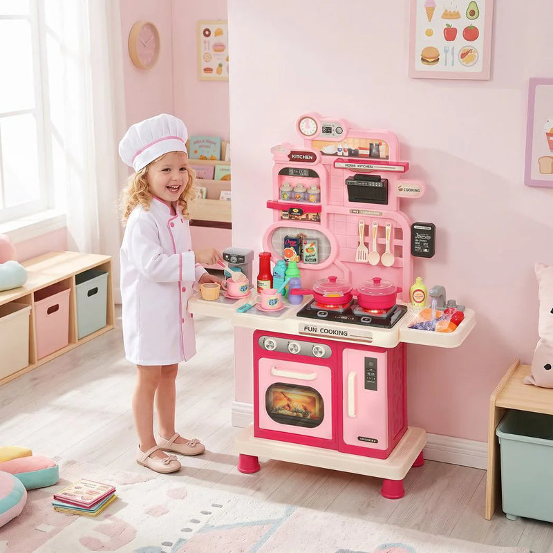 AIYAPLAY Play Kitchen, 33 PCS Kids Kitchen Playset with Lights, Sounds, Storage, Circulating Water Sink for 3-6 Years, Pink