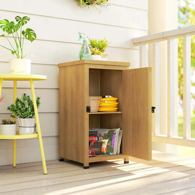 Outsunny Wooden Garden Shed, Garden Tool Storage Shed with Metal Top and Shelf, Light Brown