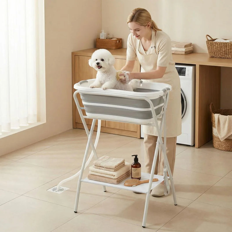 PawHut Dog Bath Tub, Portable Foldable Dog Bathtub with Stand, Drainage Hole, for Small Dogs Puppies Grey