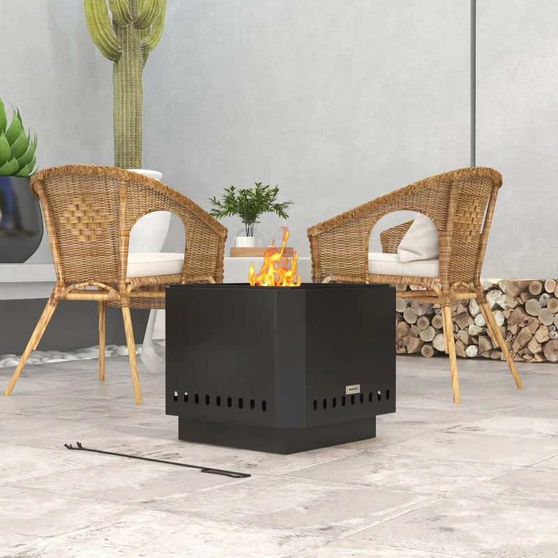Outsunny Smokeless Fire Pit, 48 cm Portable Wood Burning Firepit, Square Metal Bonfire Stove with Poker, Black