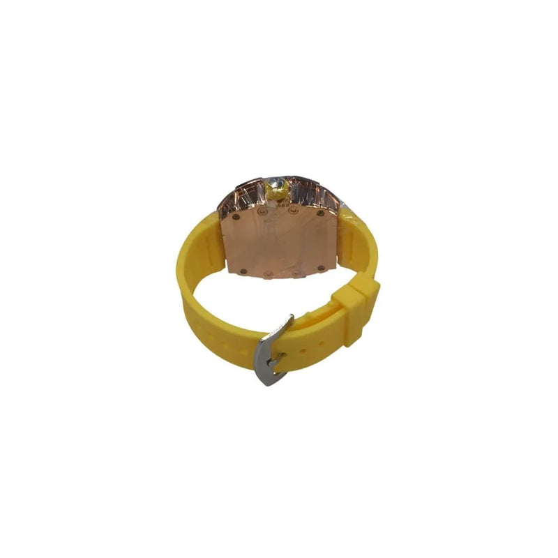 New Rubber Gents Rose Bling Fashion Quartz Movement Skeleton Clear Dial Yellow Rubber Strap Watch