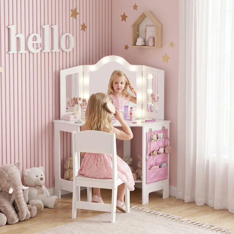 AIYAPLAY Kids Dressing Table and Stool Set, Girls Vanity Table with 2-Colour LED Lights, Tri-Folding Mirror, White